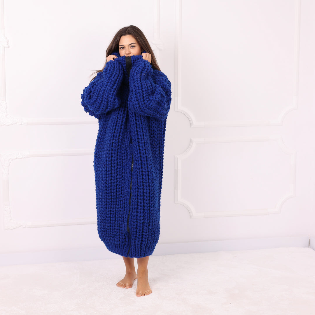 Blue Wool Long Cardigan, Oversized English Rib, Zip Turtleneck, Handmade Maxi Coat, Luxury Knitwear  T2288