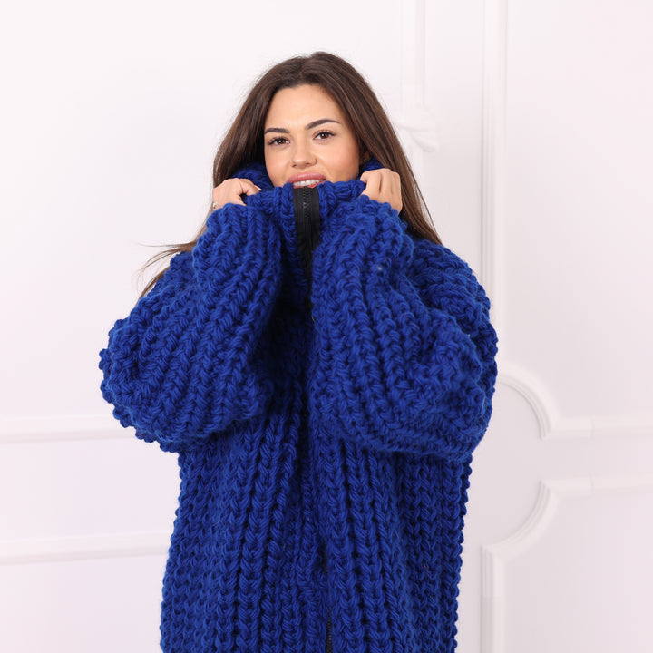 Blue Wool Long Cardigan, Oversized English Rib, Zip Turtleneck, Handmade Maxi Coat, Luxury Knitwear  T2288