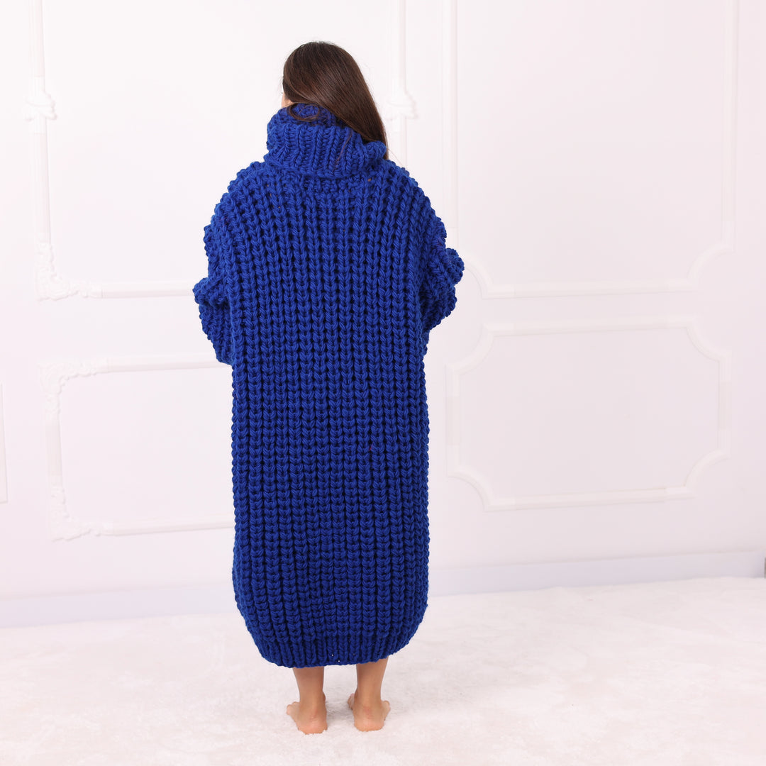 Blue Wool Long Cardigan, Oversized English Rib, Zip Turtleneck, Handmade Maxi Coat, Luxury Knitwear  T2288
