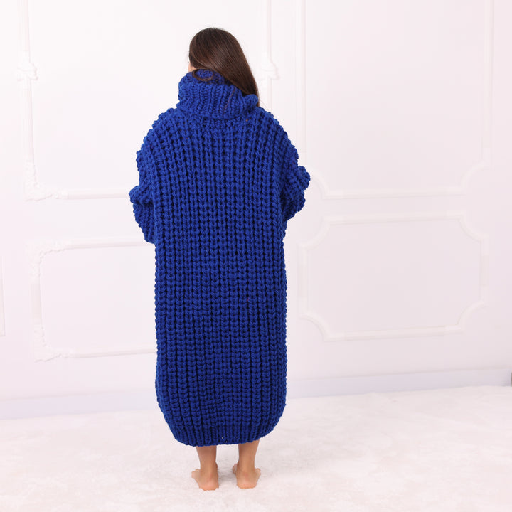 Blue Wool Long Cardigan, Oversized English Rib, Zip Turtleneck, Handmade Maxi Coat, Luxury Knitwear  T2288