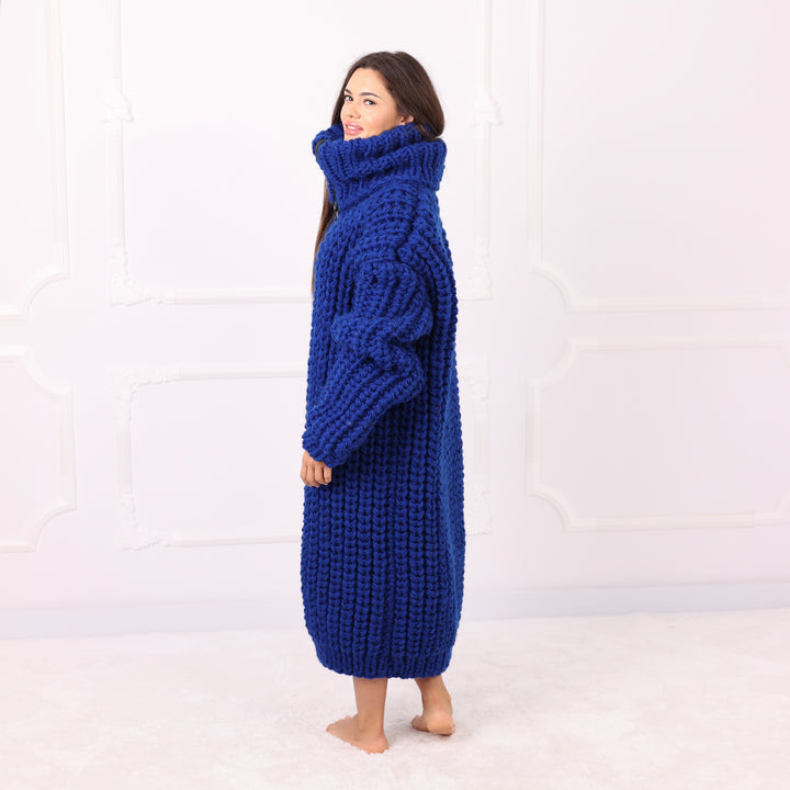 Blue Wool Long Cardigan, Oversized English Rib, Zip Turtleneck, Handmade Maxi Coat, Luxury Knitwear  T2288