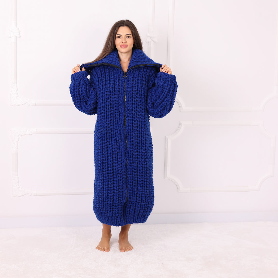 Blue Wool Long Cardigan, Oversized English Rib, Zip Turtleneck, Handmade Maxi Coat, Luxury Knitwear  T2288