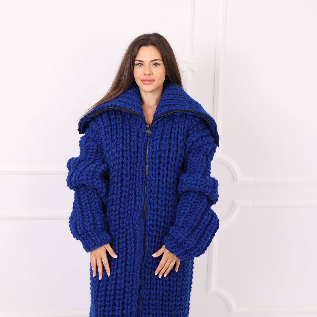 Blue Wool Long Cardigan, Oversized English Rib, Zip Turtleneck, Handmade Maxi Coat, Luxury Knitwear  T2288