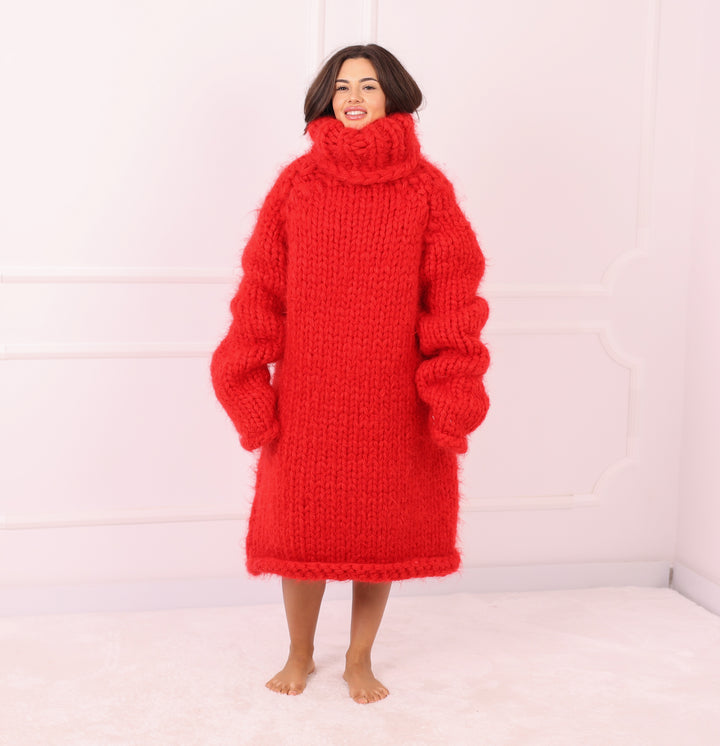 Red Mohair Sweater Dress Oversized Chunky Turtleneck Long Handmade Luxury Winter Knit Statement T2286