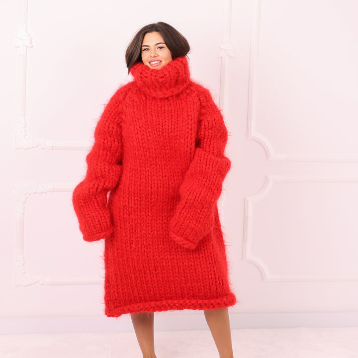 Red Mohair Sweater Dress Oversized Chunky Turtleneck Long Handmade Luxury Winter Knit Statement T2286