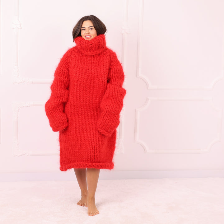 Red Mohair Sweater Dress Oversized Chunky Turtleneck Long Handmade Luxury Winter Knit Statement T2286