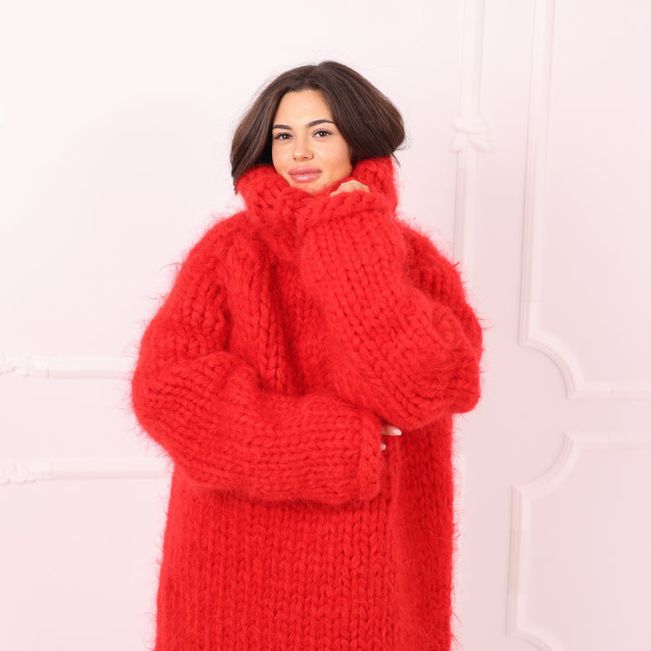 Red Mohair Sweater Dress Oversized Chunky Turtleneck Long Handmade Luxury Winter Knit Statement T2286