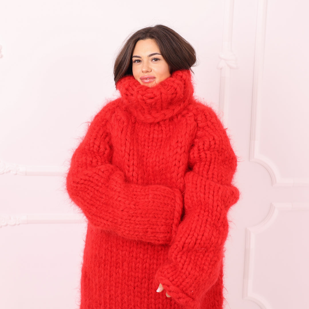 Red Mohair Sweater Dress Oversized Chunky Turtleneck Long Handmade Luxury Winter Knit Statement T2286
