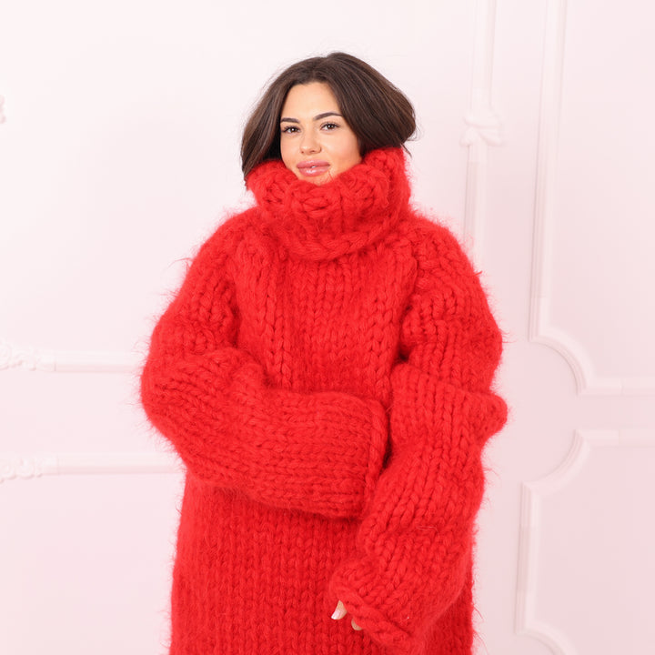 Red Mohair Sweater Dress Oversized Chunky Turtleneck Long Handmade Luxury Winter Knit Statement T2286