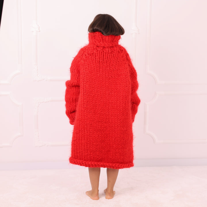 Red Mohair Sweater Dress Oversized Chunky Turtleneck Long Handmade Luxury Winter Knit Statement T2286