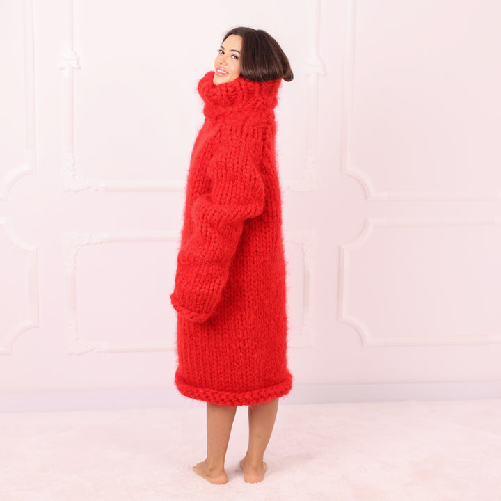 Red Mohair Sweater Dress Oversized Chunky Turtleneck Long Handmade Luxury Winter Knit Statement T2286