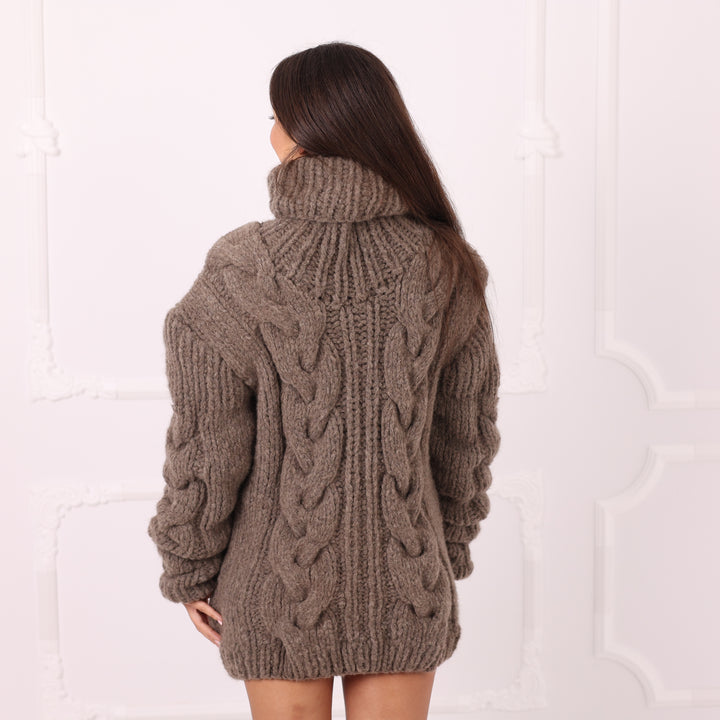 Brown Cable Knit Pullover, Yak Wool Sweater, Chunky Turtleneck, Handmade Winter Knitwear Cozy Comfort T2291