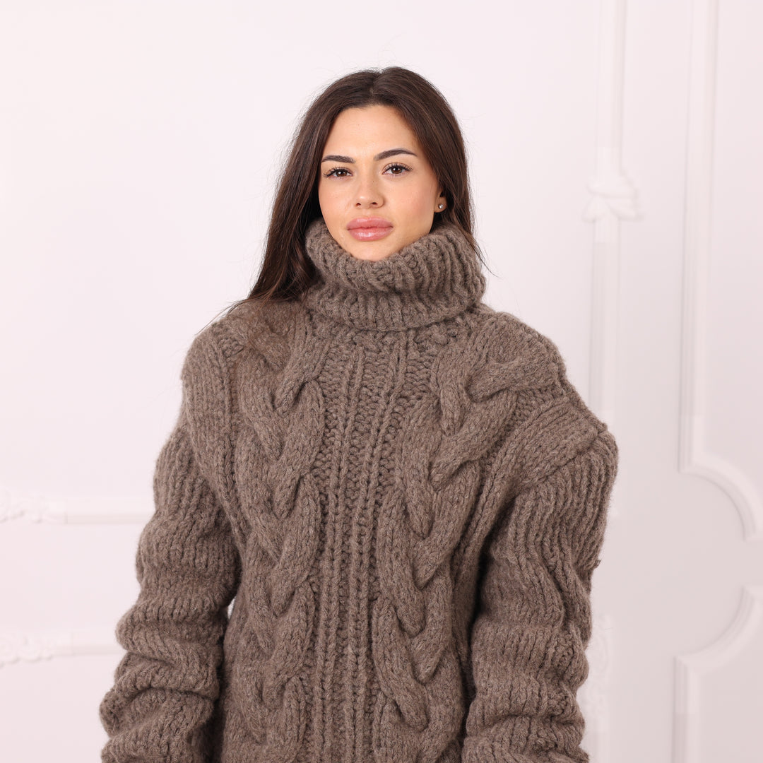 Brown Cable Knit Pullover, Yak Wool Sweater, Chunky Turtleneck, Handmade Winter Knitwear Cozy Comfort T2291