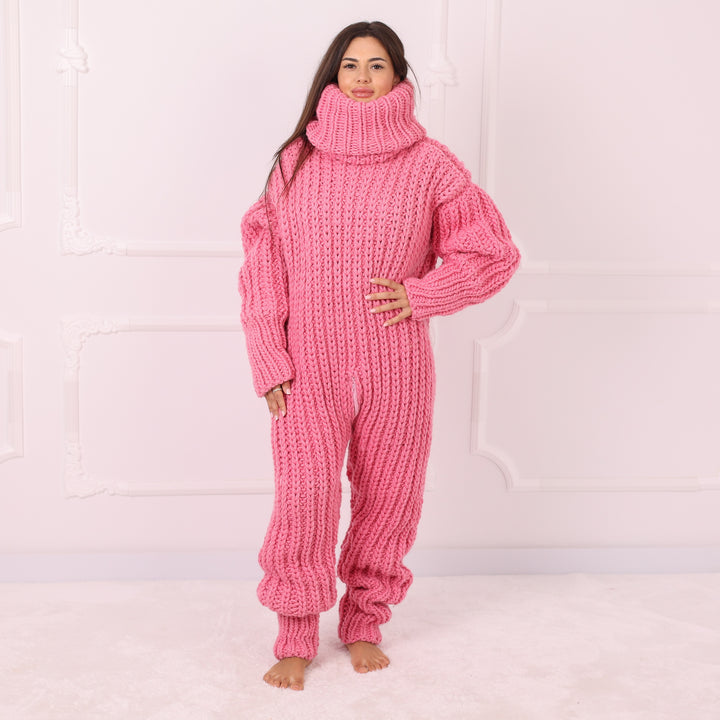 Pink Wool Catsuit, Handmade Knit Jumpsuit, English Rib Onesie, Oversized Loungewear, Statement Winter Outfit T2292
