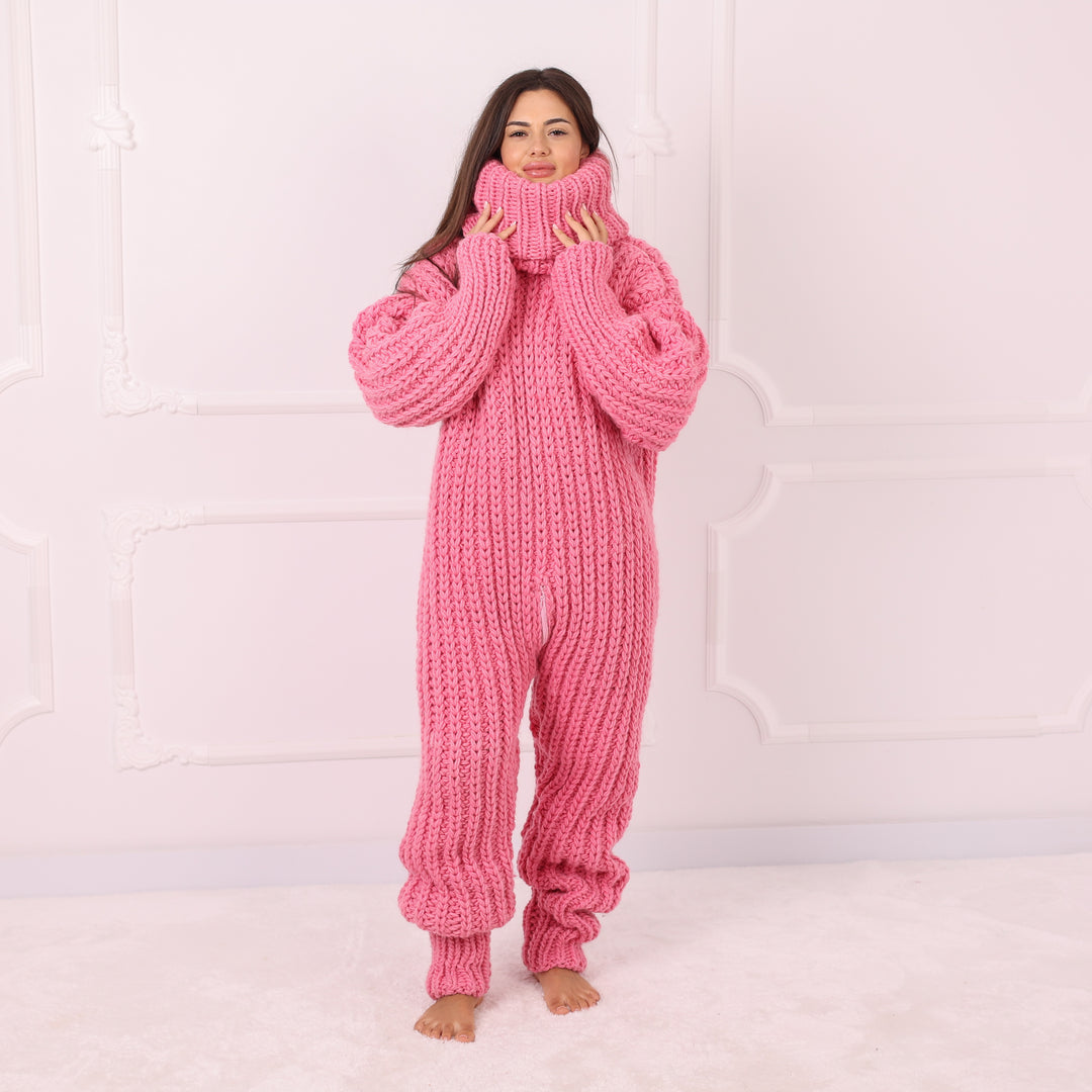 Pink Wool Catsuit, Handmade Knit Jumpsuit, English Rib Onesie, Oversized Loungewear, Statement Winter Outfit T2292