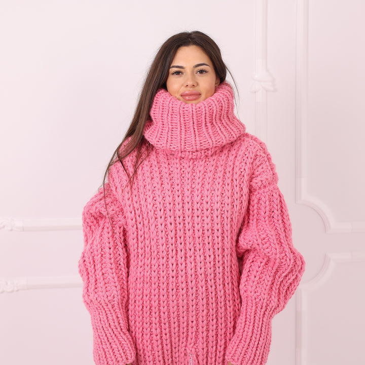 Pink Wool Catsuit, Handmade Knit Jumpsuit, English Rib Onesie, Oversized Loungewear, Statement Winter Outfit T2292