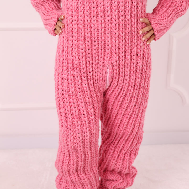 Pink Wool Catsuit, Handmade Knit Jumpsuit, English Rib Onesie, Oversized Loungewear, Statement Winter Outfit T2292