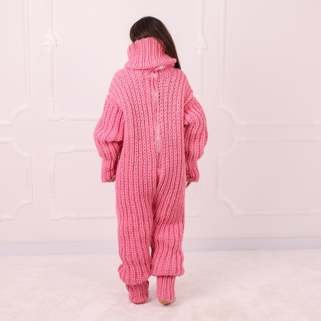 Pink Wool Catsuit, Handmade Knit Jumpsuit, English Rib Onesie, Oversized Loungewear, Statement Winter Outfit T2292