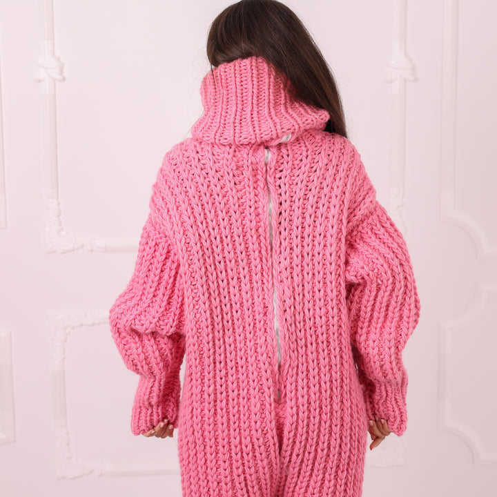 Pink Wool Catsuit, Handmade Knit Jumpsuit, English Rib Onesie, Oversized Loungewear, Statement Winter Outfit T2292