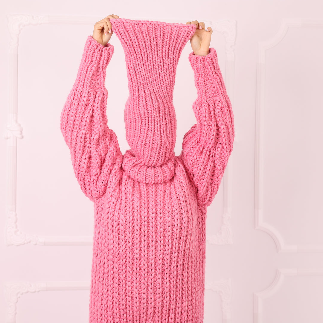 Pink Wool Catsuit, Handmade Knit Jumpsuit, English Rib Onesie, Oversized Loungewear, Statement Winter Outfit T2292