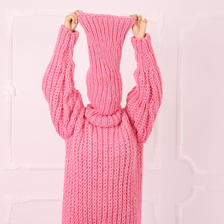 Pink Wool Catsuit, Handmade Knit Jumpsuit, English Rib Onesie, Oversized Loungewear, Statement Winter Outfit T2292