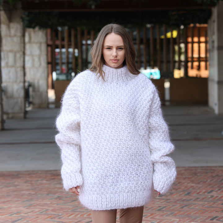 White 6-Strand Longhaired Mohair Oversized Cable Knit Sweater T2424