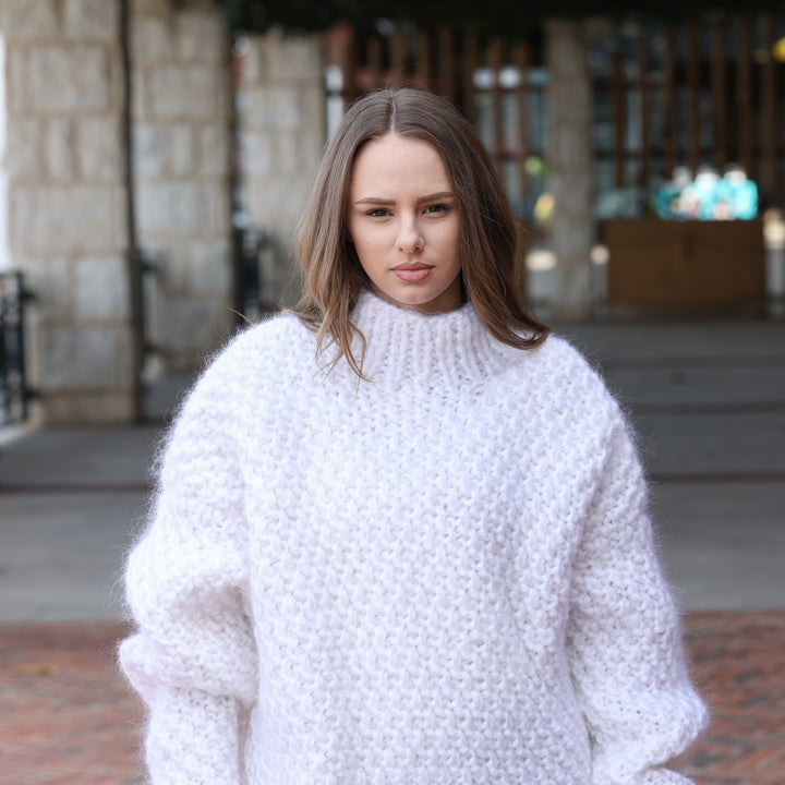 White 6-Strand Longhaired Mohair Oversized Cable Knit Sweater T2424