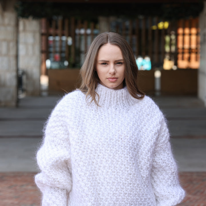 White 6-Strand Longhaired Mohair Oversized Cable Knit Sweater T2424