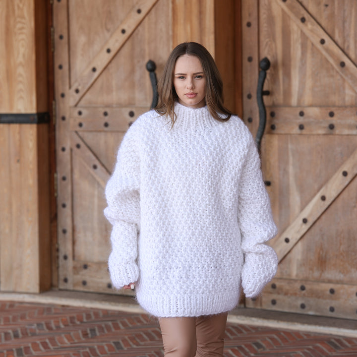 White 6-Strand Longhaired Mohair Oversized Cable Knit Sweater T2424