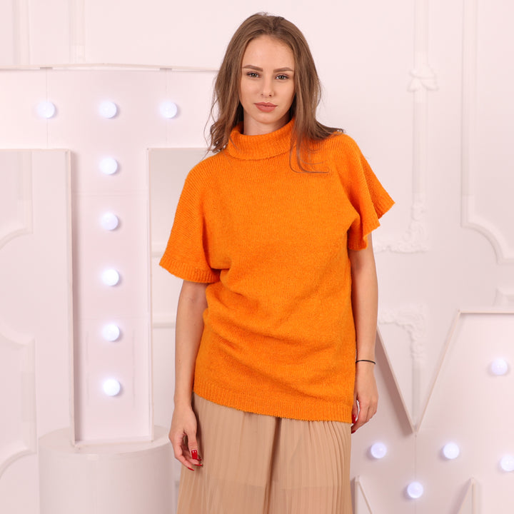 Bright orange hand-knit alpaca merino turtleneck top
