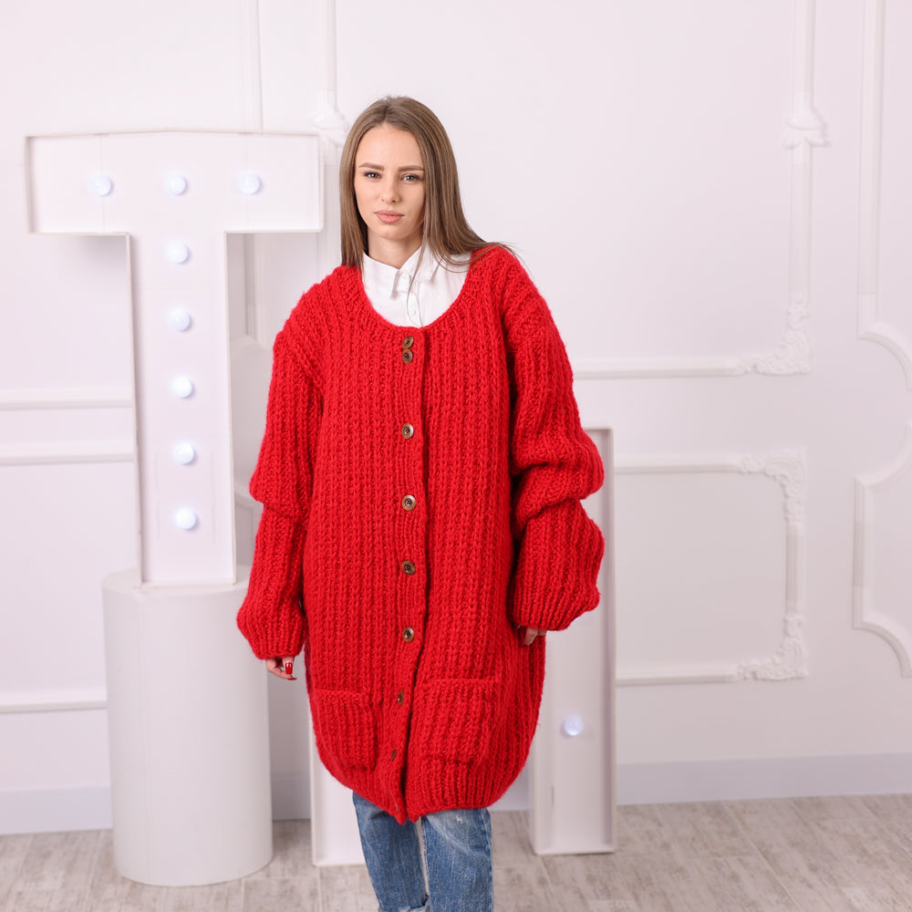 Red alpaca wool English rib cardigan ready to ship size 9XL