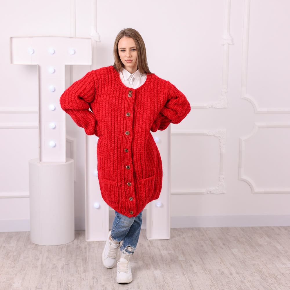 Hand-knitted red alpaca wool cardigan with buttons