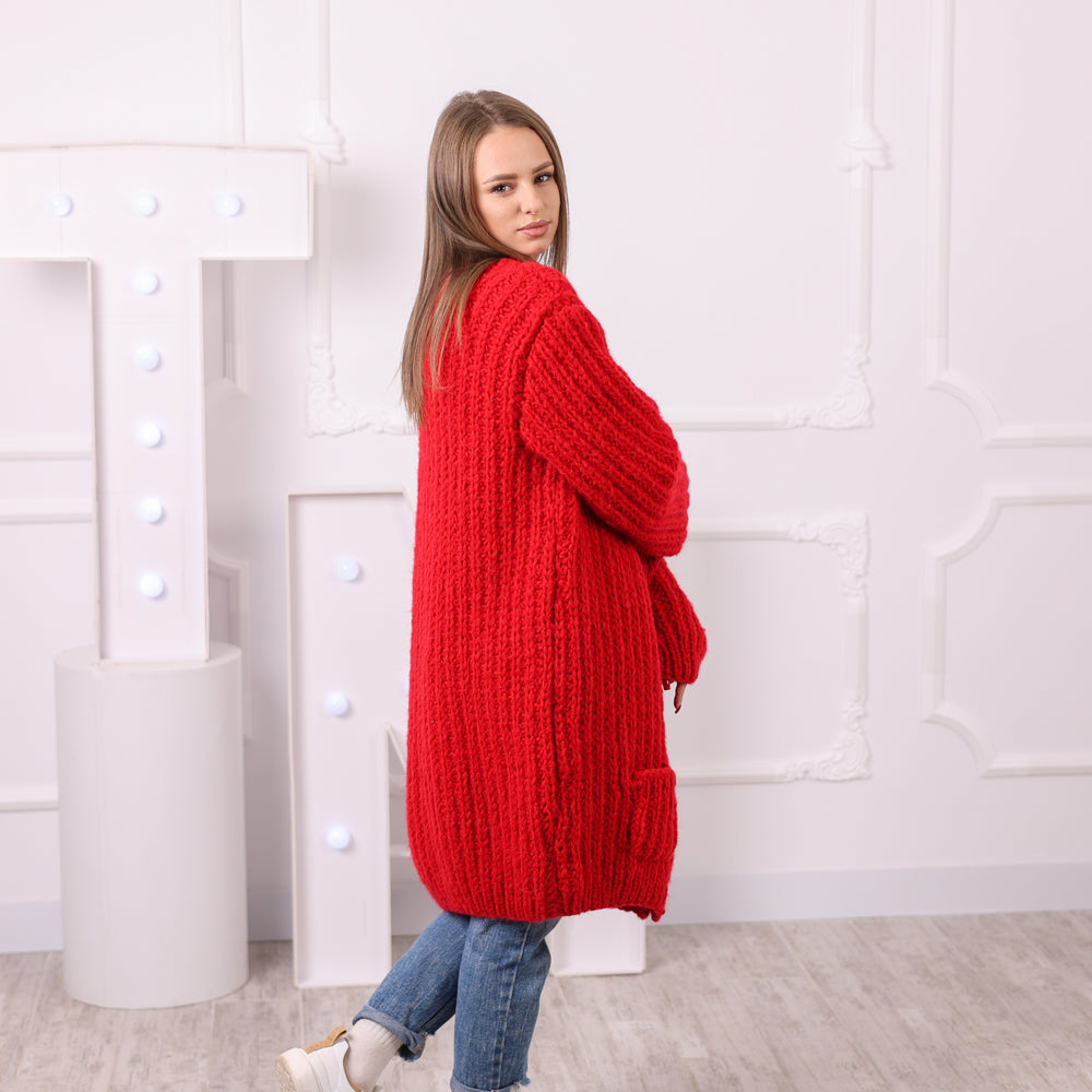 Red alpaca blend cardigan with practical pockets