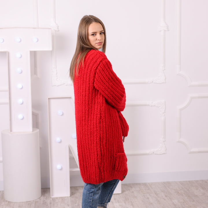 Warm red hand-knit button cardigan