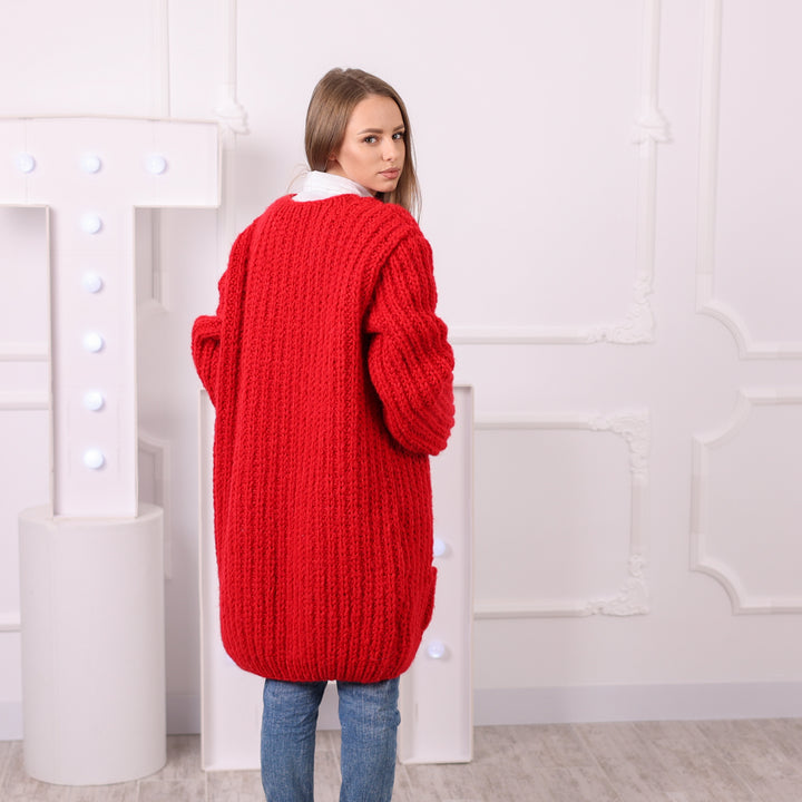 Red alpaca wool cardigan handmade in Bulgaria