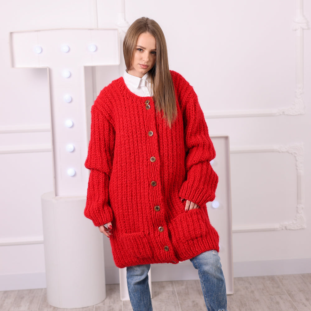Long-sleeve red oversized knit cardigan
