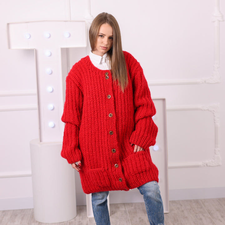 Long-sleeve red oversized knit cardigan