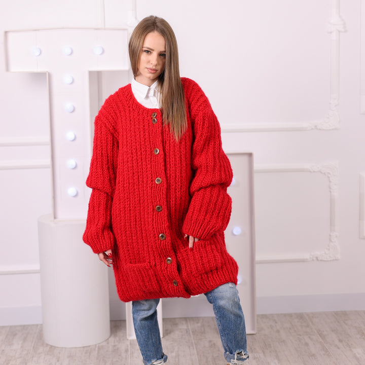 Red hand-knitted cardigan front view