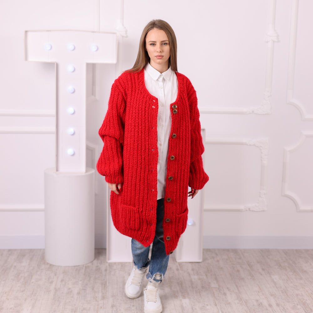 Red English rib cardigan side view