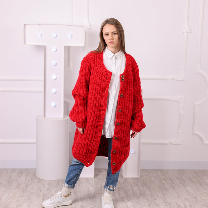 Red pocket cardigan hand knitted in alpaca wool