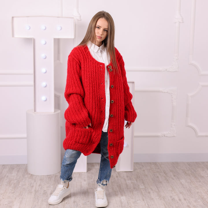 Oversized red knit jacket with buttons