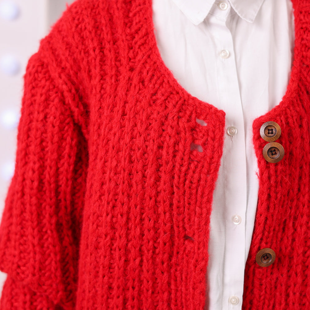 Red alpaca cardigan back view