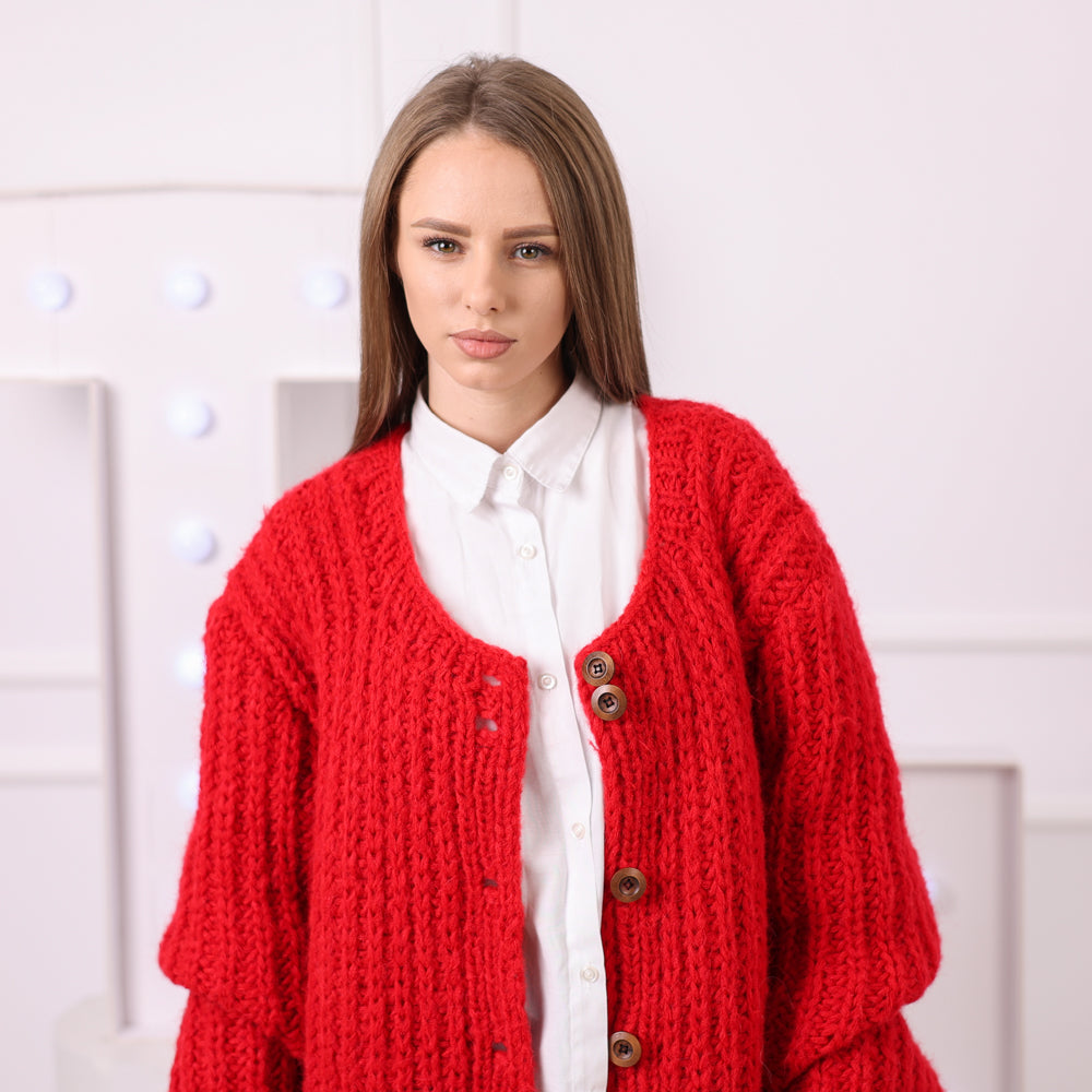 Warm red wool alpaca cardigan texture