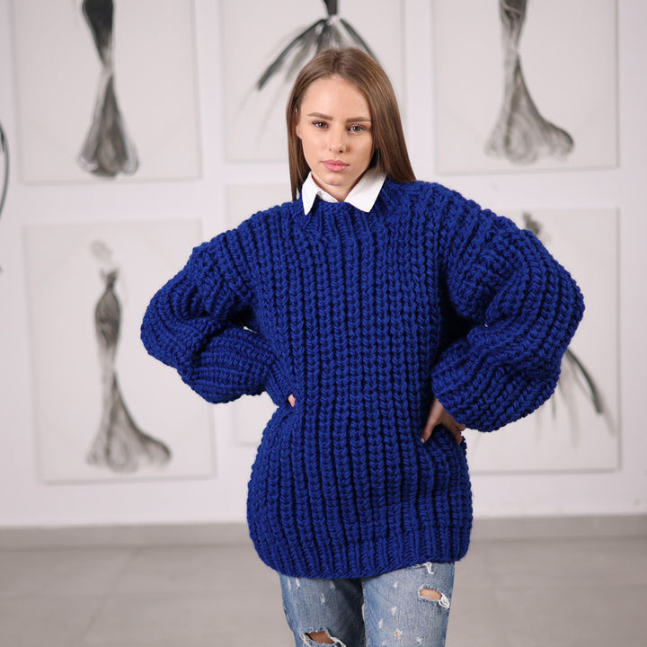 Blue Hand-Knitted Wool Sweater, Chunky English Rib Knit, Structured Fit, Deep Blue Color, T2064