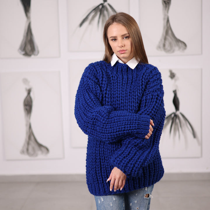 Blue Hand-Knitted Wool Sweater, Chunky English Rib Knit, Structured Fit, Deep Blue Color, T2064