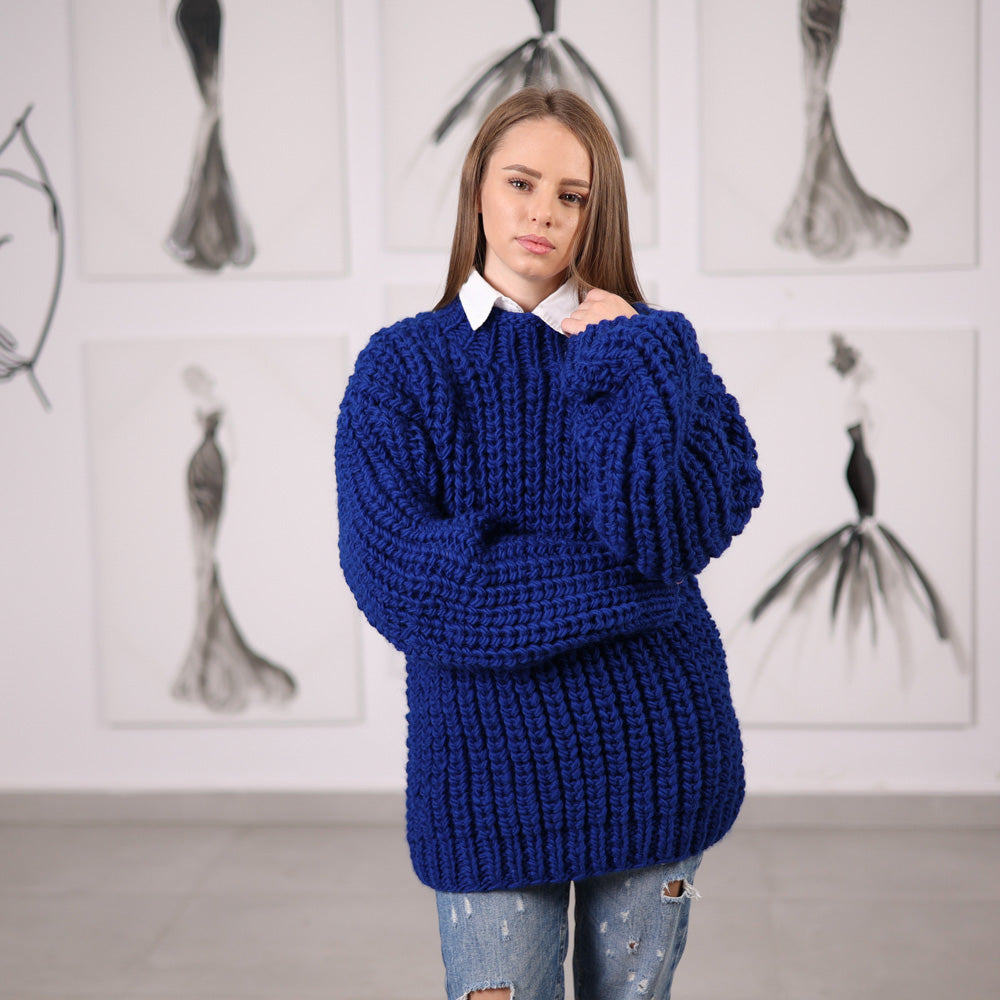 Blue Hand-Knitted Wool Sweater, Chunky English Rib Knit, Structured Fit, Deep Blue Color, T2064