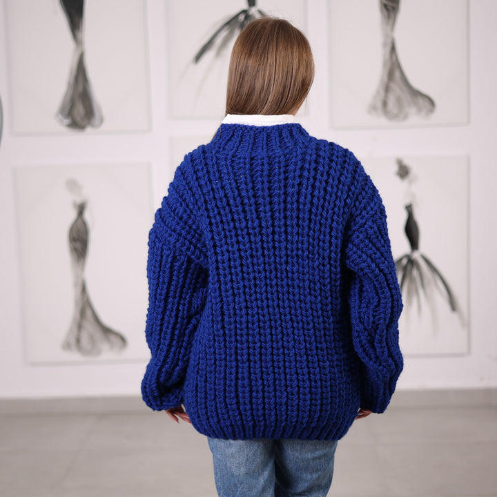 Blue Hand-Knitted Wool Sweater, Chunky English Rib Knit, Structured Fit, Deep Blue Color, T2064