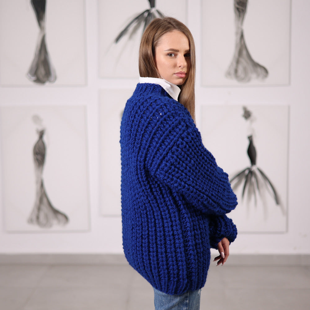 Blue Hand-Knitted Wool Sweater, Chunky English Rib Knit, Structured Fit, Deep Blue Color, T2064
