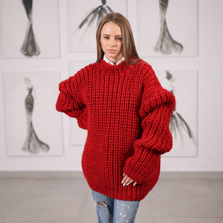 Red Wool Turtleneck Sweater, Hand Knitted English Rib Jumper, Chunky Winter Knitwear T2065