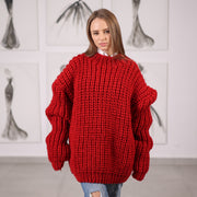 Roter Rollkragenpullover aus Wolle, handgestrickter English-Rib-Pullover, klobiger Winterstrick T2065